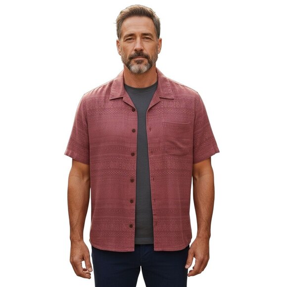 Montego Mon Mens Medium Red Jacquard Silk Button-Up Shirt Embroidered Treetops L - Picture 1 of 9